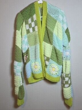 Handmade Patchwork Crochet Cardigan Green Granny Square Flower Checkered M/L